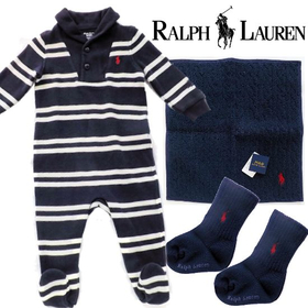 RALPH LAUREN　ラルフローレン　生後9ヶ月からの足付きボーダーカバーオール男の子出産祝い