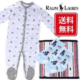 送料無料（沖縄・離島除く）ラルフローレン男の子出産祝い　クマ足付きカバーオールギフト
