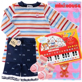ミキハウス女の子出産祝い　1歳長袖ベビー服とポカポカフレンズのおんがくえほん ピアノセット